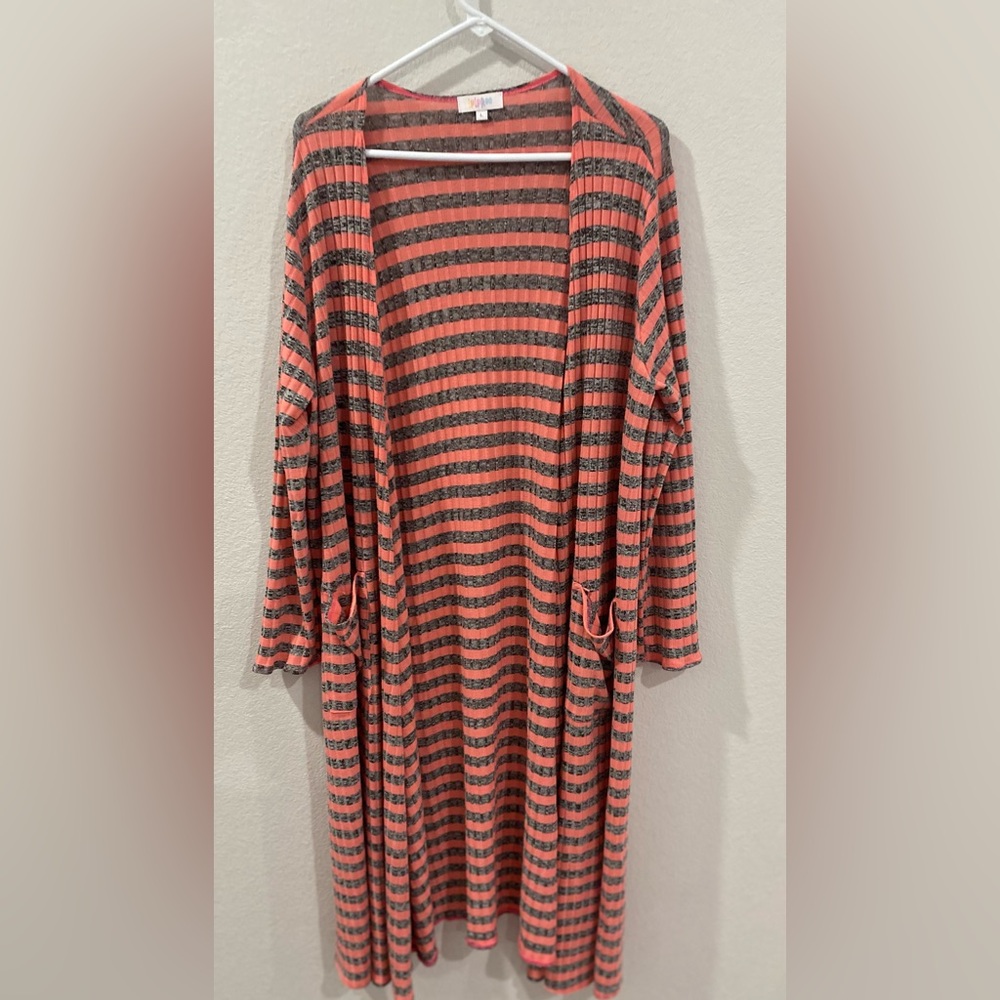 LuLaRoe Peachy Pink Coral Gray Striped Open Long Cardigan Pockets Sweater Large